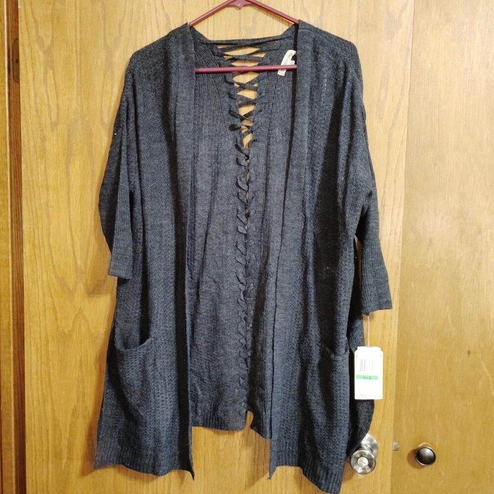 Democracy Cardigan Sz Large Black Open Front Pockets Laced Back NWT Top